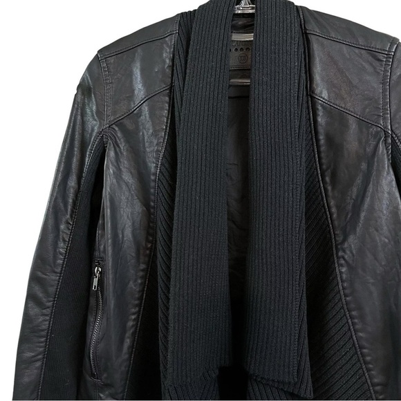 Blank NYC Faux Leather Draped Knit Open Front Zip Moto Jacket Black Size XS - Picture 3 of 8